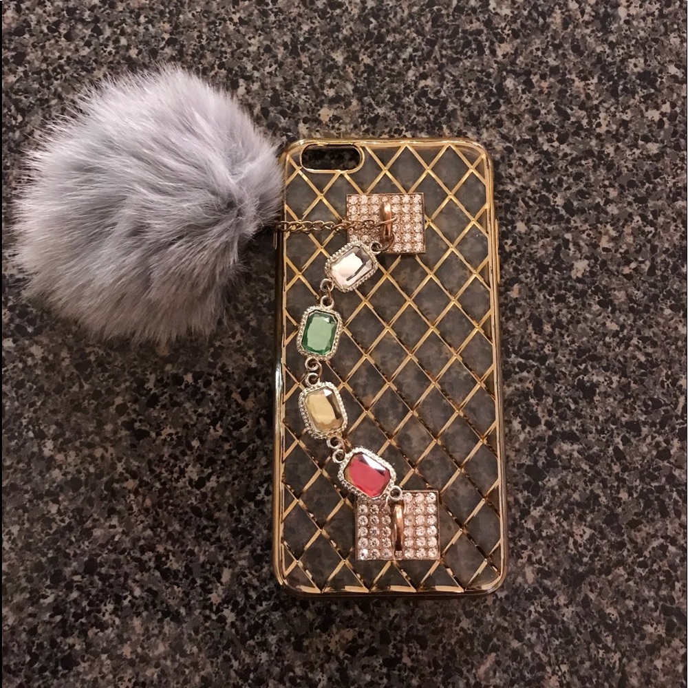 Gold Transparent IPhone 6Plus/ 7Plus IPhone Case with Pom Pom & Crystal Holder ✨